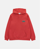Gramicci crimson red Half Dome Hooded Sweatshirt with beige and green graphic against a light tone background.