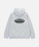 Gramicci heather grey Half Dome Hooded Sweatshirt with beige and green graphic against a light tone background.
