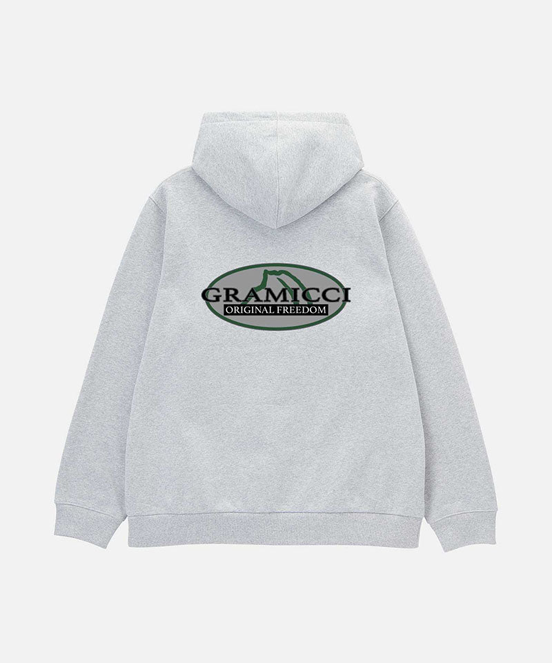 Back view of a Gramicci heather grey Half Dome Hooded Sweatshirt with beige and green graphic against a light tone background.