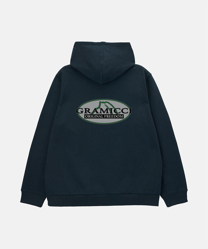 Back view of a Gramicci vintage black Half Dome Hooded Sweatshirt with beige and green graphic against a light tone background.
