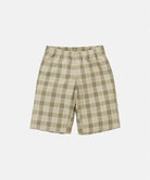 Shadow plaid colored Gramicci Swell Short Shadow Plaid with a stretch waistband against a light-tone background.