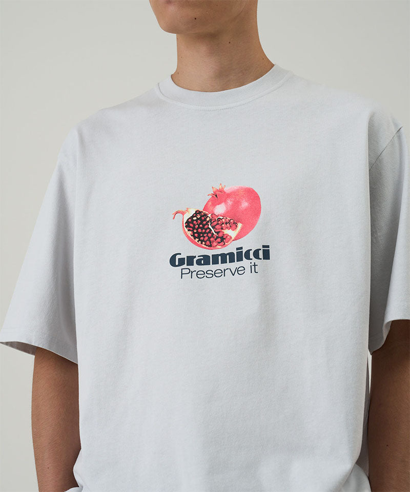 Model wearing a Gramicci smoke colored Pomegranate Tee with a graphic against a light tone background.
