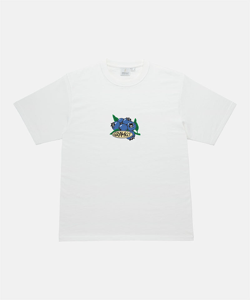 Gramicci white Blueberry Tee with a  graphic against a light-tone background.