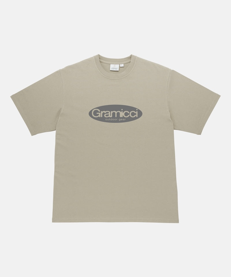 Gramicci beige Outdoor Gear Tee with a grey graphic against a light-tone background.