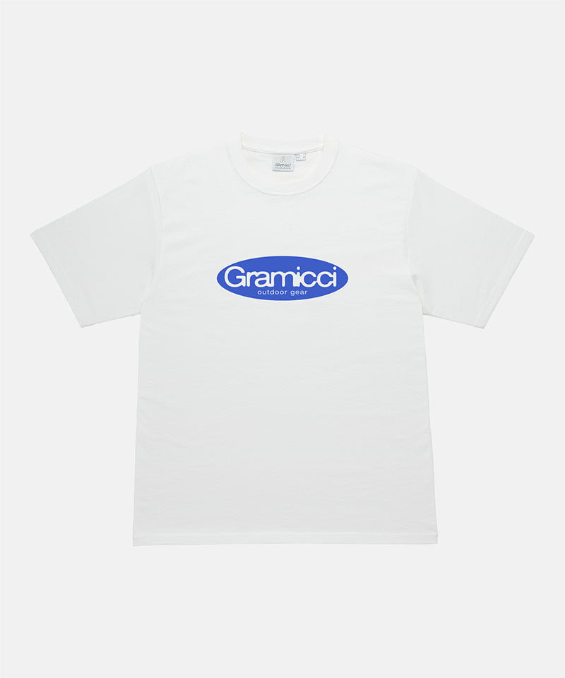 Gramicci white Outdoor Gear Tee with a blue graphic against a light-tone background.