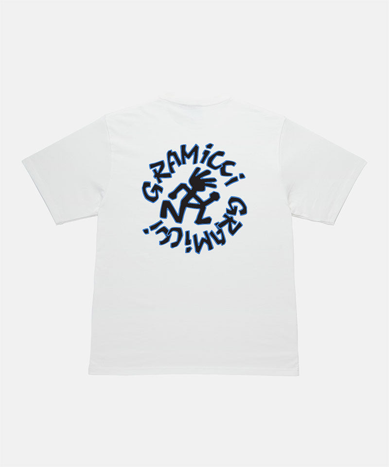 Rear view of the Gramicci Running Man Tee with graphic in white against a light tone background.
