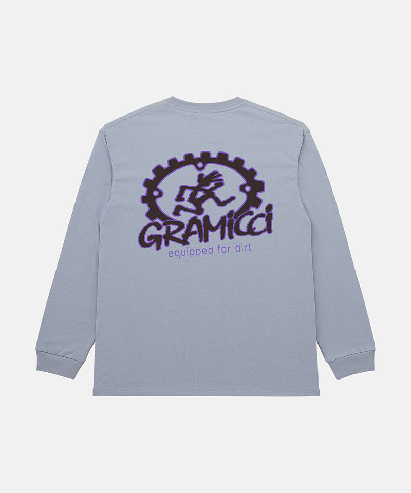 Back view of a Gramicci lavender Equipped For Dirt L/S Tee with a black and purple graphic against a light-tone background.