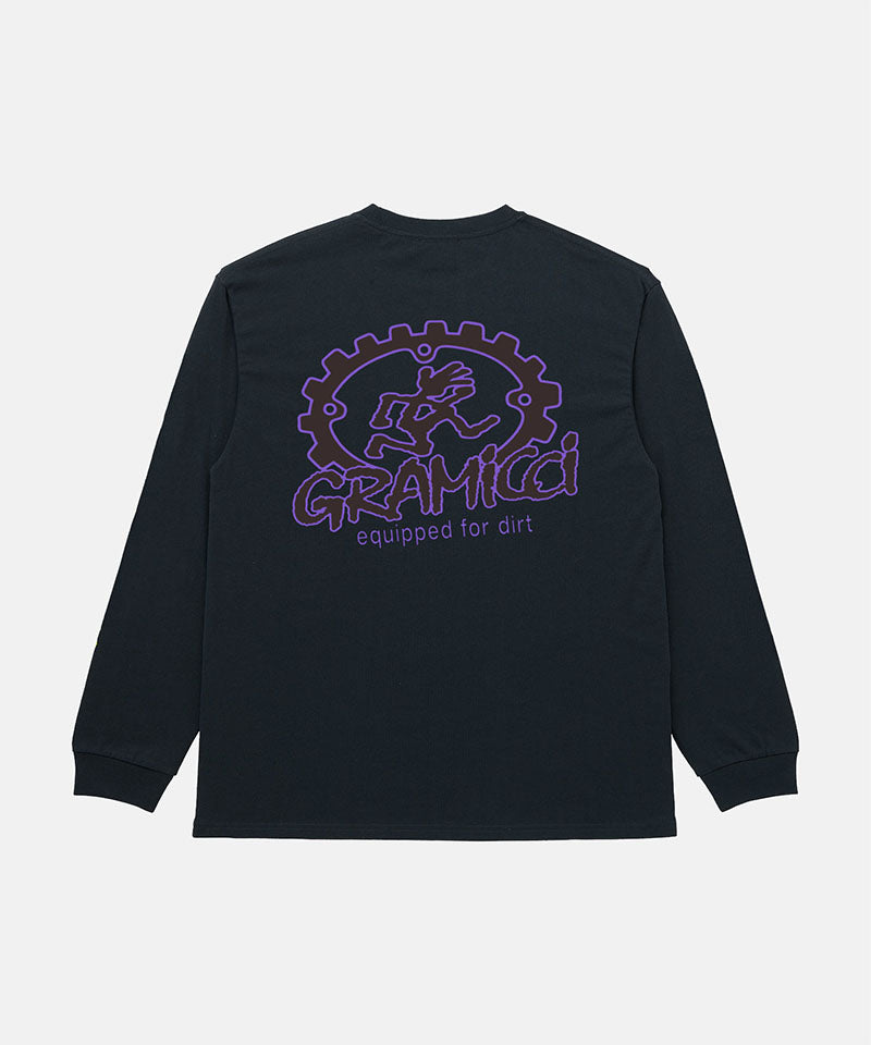 Back view of a Gramicci vintage black Equipped For Dirt L/S Tee with a Gramicci gear graphic graphic against a light tone background.