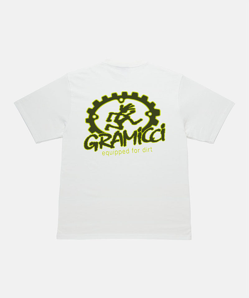 Back view of a Gramicci white Equipped For Dirt Tee with a green graphic against a light-tone background.