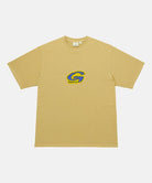 Gramicci sulpher G-Scribble Tee Pigment Dyed shirt with a blue graphic against a light tone background.
