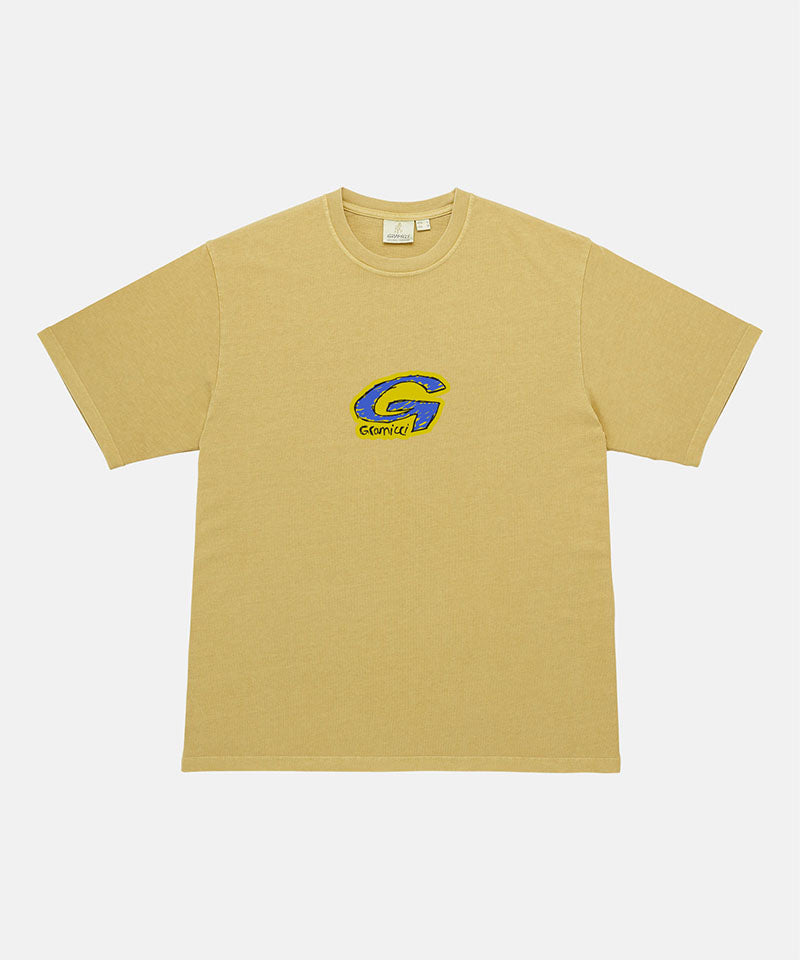 Gramicci sulpher G-Scribble Tee Pigment Dyed shirt with a blue graphic against a light tone background.
