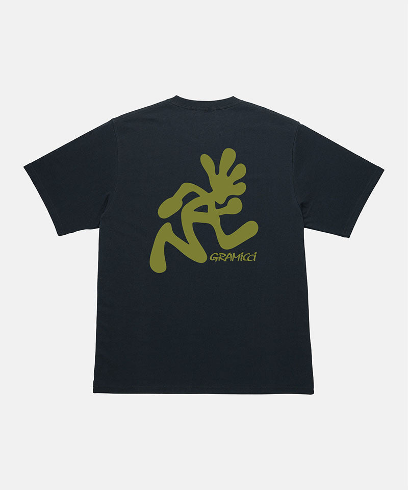 Back view of a Gramicci vintage black Running Man Tee with lime green graphic against a light-tone background.