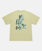Back view of a Gramicci lime colored Ice Sculpture Tee with a running man graphic against a light tone background.