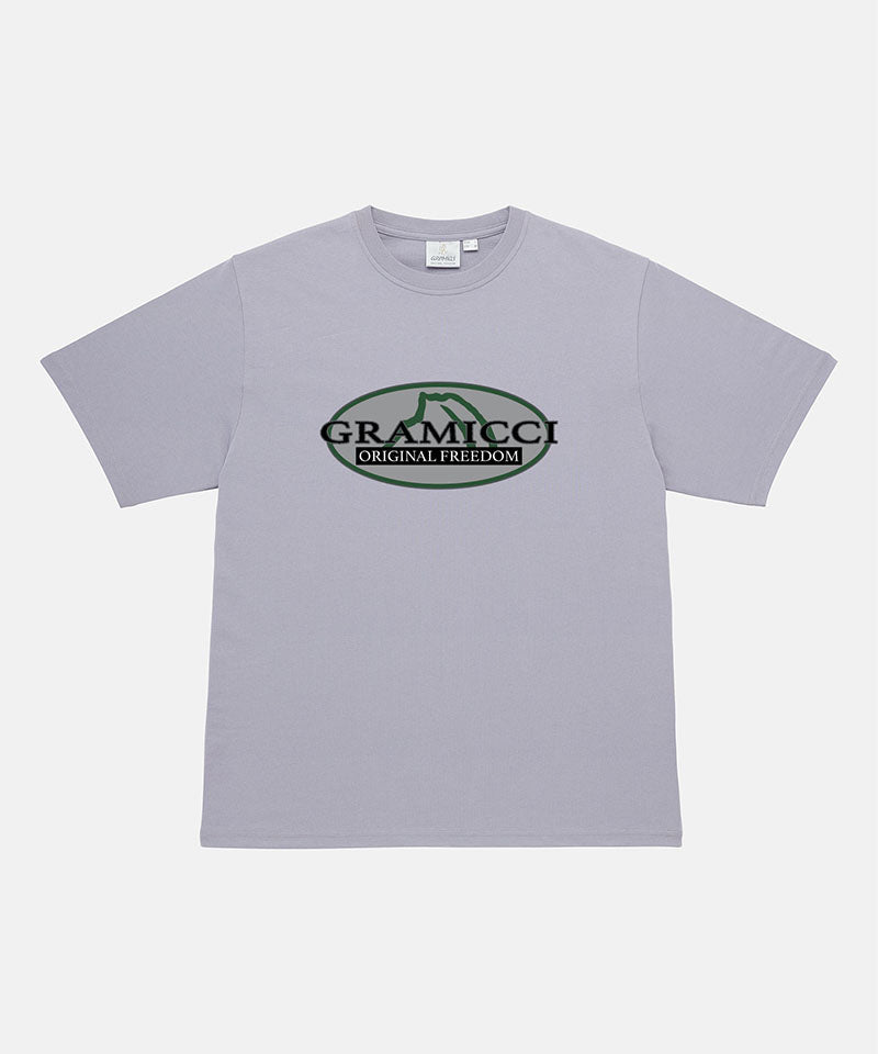 Gramicci lavender Half Dome Tee with grey and green graphic against a light tone background.

