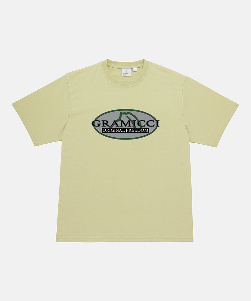 Gramicci lime Half Dome Tee with a grey and green graphic against a light-tone background.