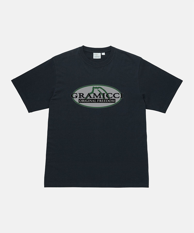 Gramicci vintage black Half Dome Tee with grey graphic against a light tone background.
