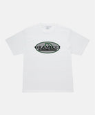 Gramicci white Half Dome Tee with grey and green graphic against a light tone background.
