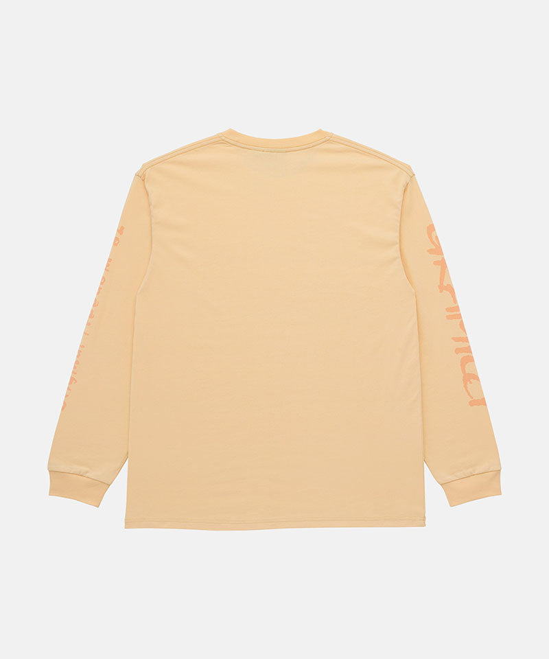 Back view of a Gramicci mango colored Freedom L/S Tee with dark mango colored graphic on sleeves against a light tone background.