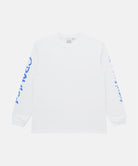 Gramicci white Freedom L/S Tee with blue graphic on sleeves against a light tone background.

