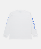 Back view of a Gramicci white Freedom L/S Tee with blue graphic on sleeves against a light tone background.
