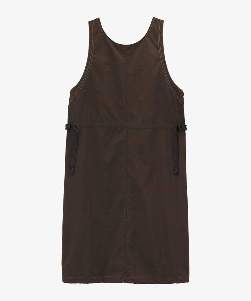 Back view of a chocolate colored Gramicci Nylon Dress against a light-tone background.