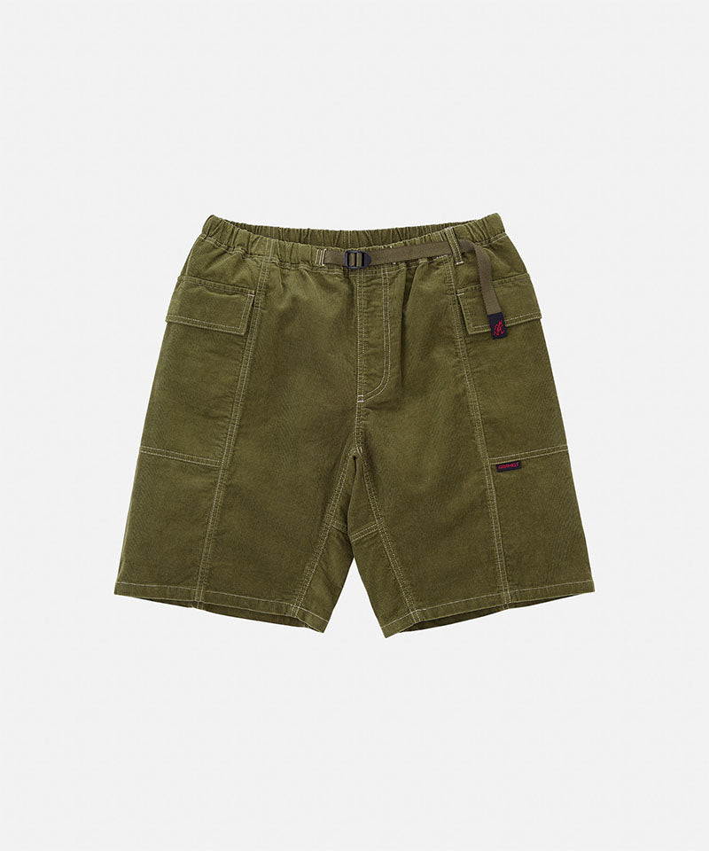 Olive Gramicci Women's Corduroy Utility Short with a black belt against a light-tone background.