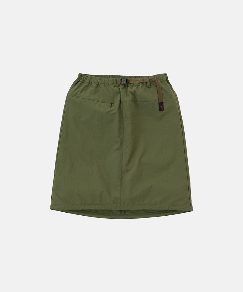 Gramicci olive Nylon Packable Midi Skirt against a light-tone background.