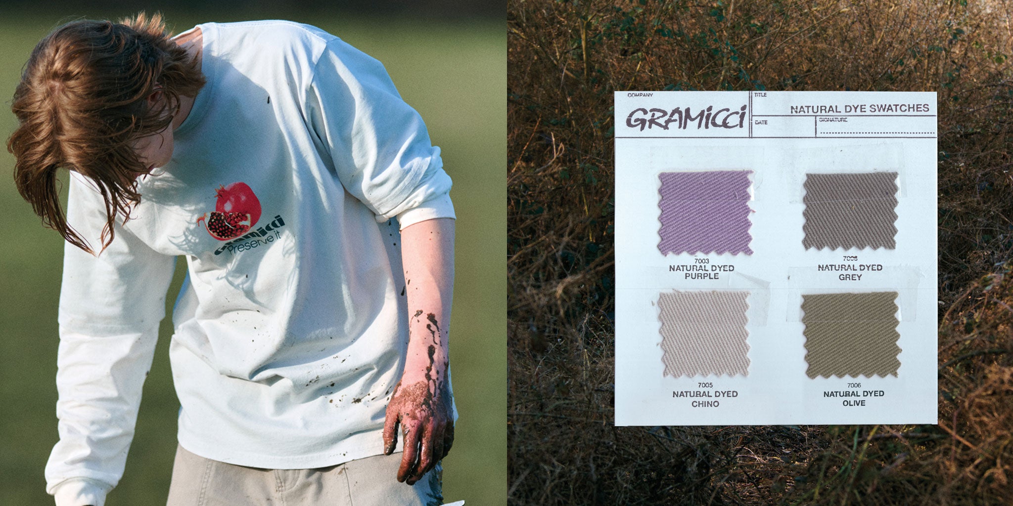 Person wearing a light blue shirt with a graphic design, next to Gramicci color swatch card.